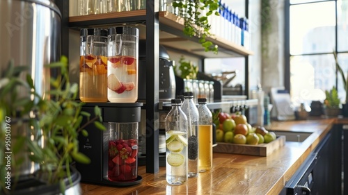 A stylish hydration station with a water cooler, fruit-infused water dispensers, and a variety of herbal teas