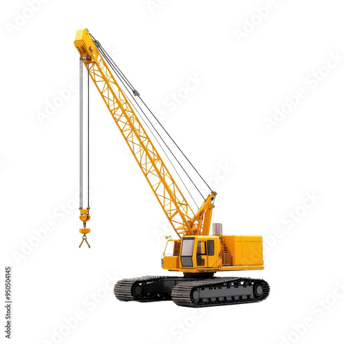 A towering yellow crane with an extended arm, designed for construction and heavy lifting tasks in various environments.