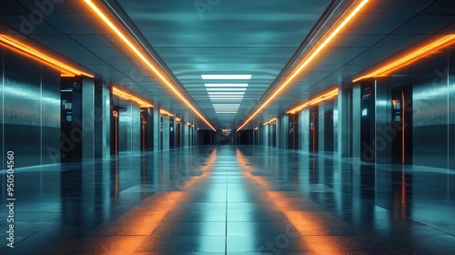 A glowing futuristic subway station with reflective surfaces 