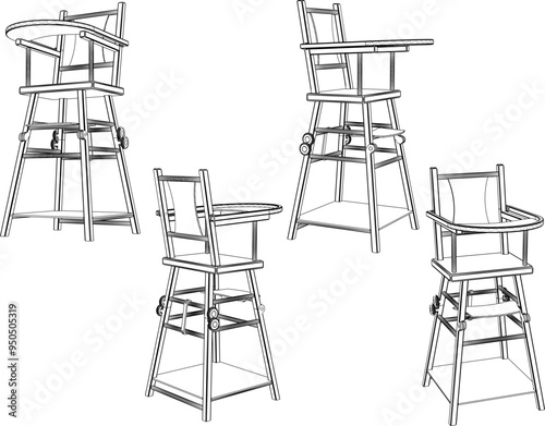 Vector sketch illustration of high design wooden dining chairs for small children at the dining table 