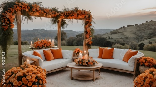 A stunning wedding setting awaits you on your special day. Imagine a sea of vibrant orange flowers adorning a luxurious sofa, while the warm glow of chili lights illuminates the lush lawn  photo