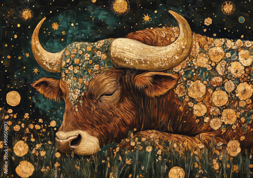 Taurus Zodiac Sign in Art Deco Nouveau Style