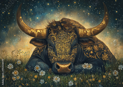 Taurus Zodiac Sign in Art Deco Nouveau Style