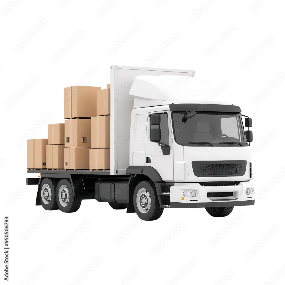 A white delivery truck loaded with cardboard boxes, symbolizing logistics, transport, and efficient shipping solutions. A white delivery truck loaded with cardboard boxes, symbolizing logistics, transport, and efficient shipping solutions.