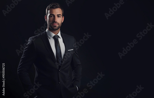 Handsome confident businessman wearing black suit standing, isolated over black background. Businessman look stylish with copy space, wearing elegant suit with tie.