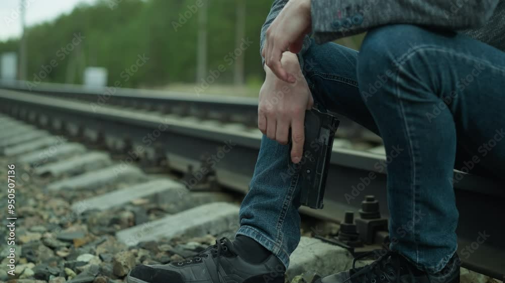 A close view of a man in a gray jacket, blue jeans, and canvas shoes, handling a handgun while sitting beside a railway track, the background shows a blurred view of a green forest A close view of a man in a gray jacket, blue jeans, and canvas shoes, handling a handgun while sitting beside a railway track, the background shows a blurred view of a green forest