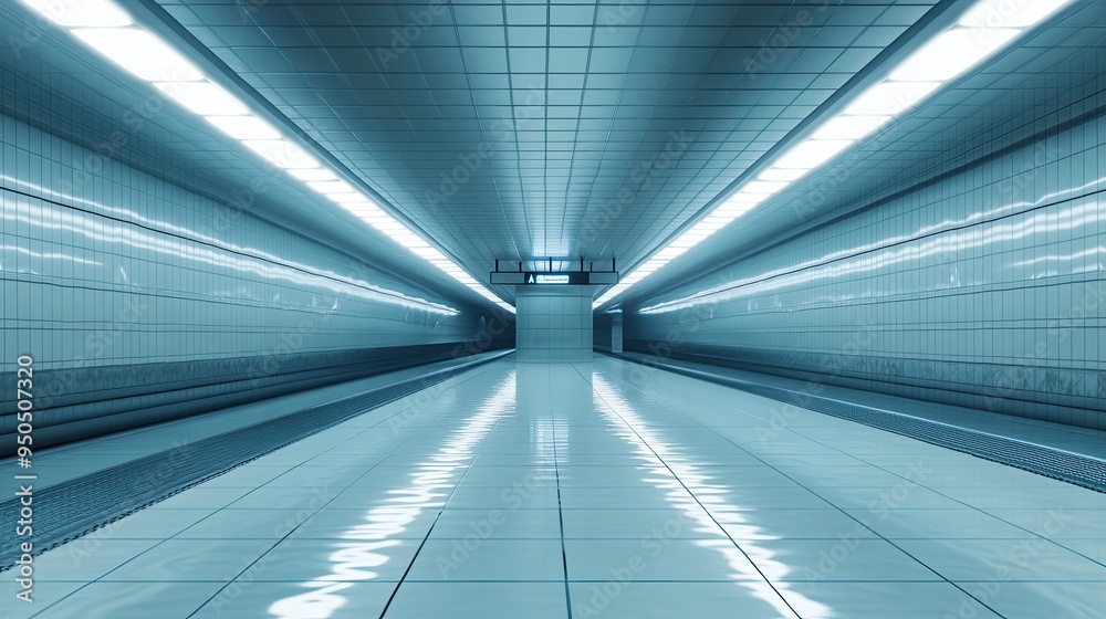 A quiet, modern subway station with fluorescent lights and reflective floors, A quiet, modern subway station with fluorescent lights and reflective floors,