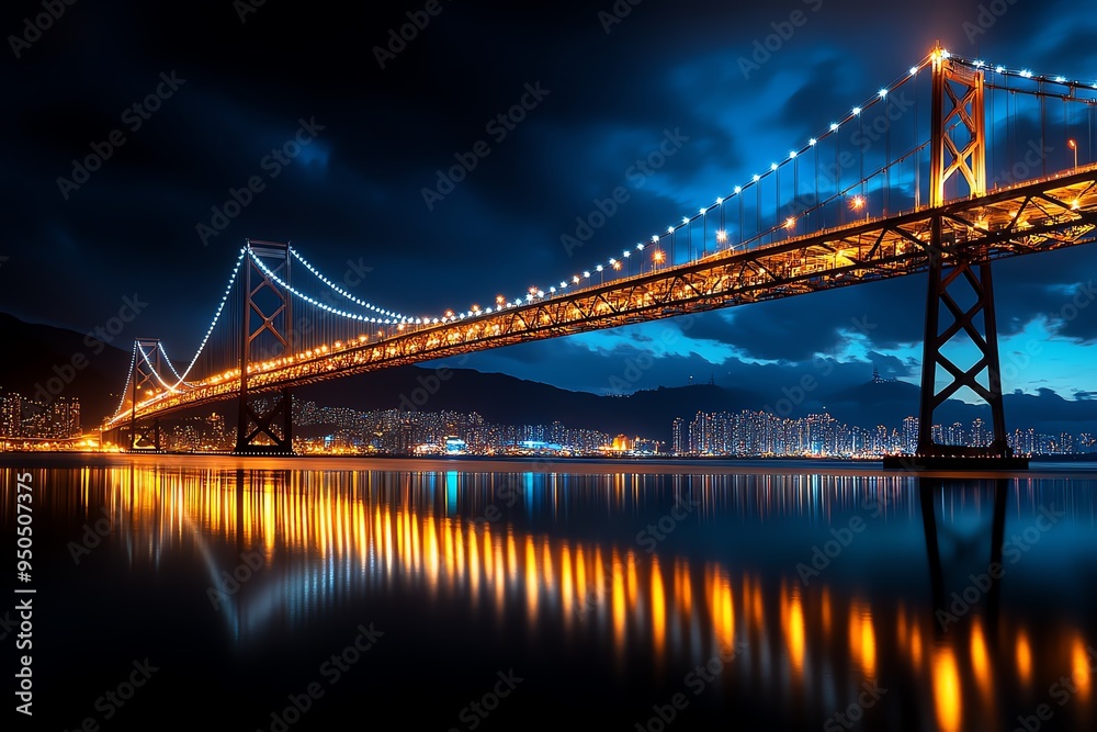 Obraz premium Bridge Suspension, Steel, and Nighttime depicted in a nighttime scene where a suspension bridge is beautifully lit, its lights reflecting on the water below, creating a captivating urban view