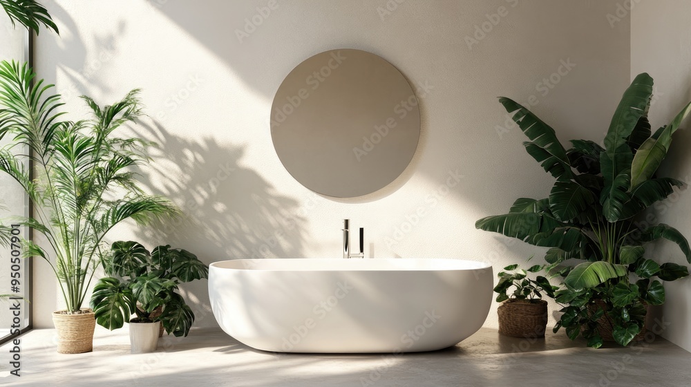 A serene bathroom scene featuring a solitary bathtub surrounded by lush houseplants, with a sleek mirror reflecting soft light A serene bathroom scene featuring a solitary bathtub surrounded by lush houseplants, with a sleek mirror reflecting soft light