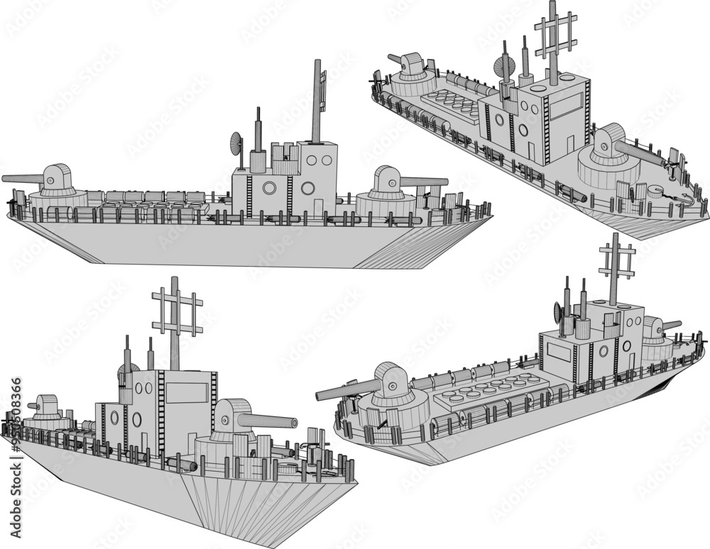 Vector sketch illustration of the design of a battleship war vehicle with complete cannon weapons on the high seas Vector sketch illustration of the design of a battleship war vehicle with complete cannon weapons on the high seas