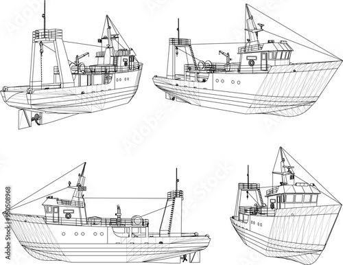 Vector sketch illustration of the design of a fishing boat searching for fish on the high seas