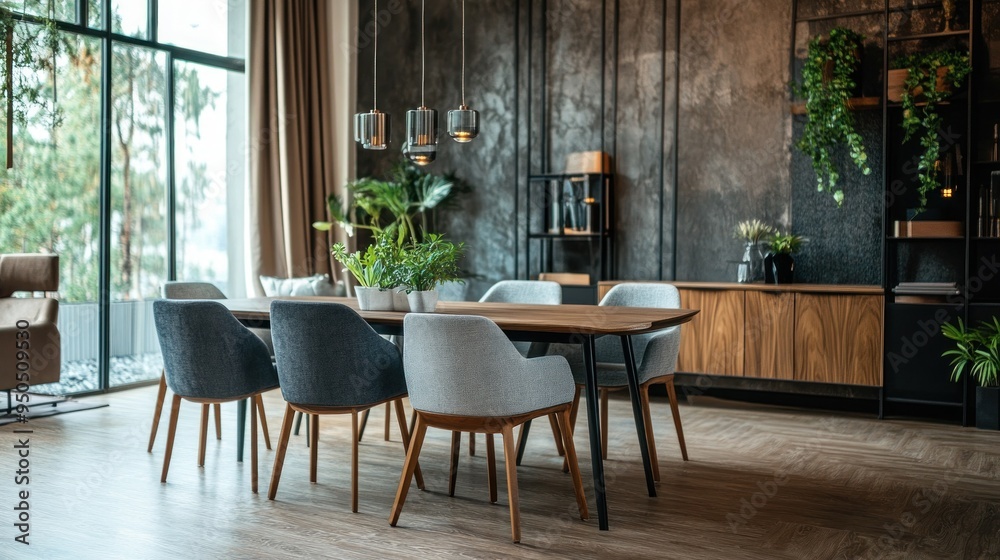 Modern Dining Room with Wooden Table and Gray Chairs Modern Dining Room with Wooden Table and Gray Chairs