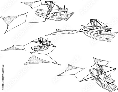 Vector sketch illustration of the design of a fishing boat with a net