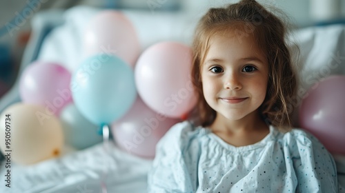 A sweet image of a young girl smiling, as she sits with colorful balloons in the background, portraying innocence, celebration, and childhood joy in a softly lit setting.