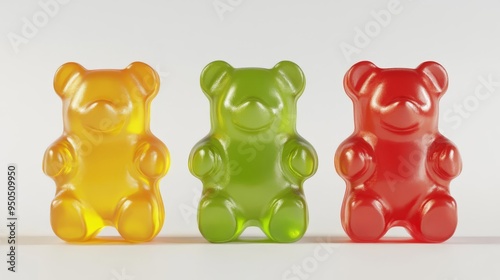 Vibrant gummy bears lined up in yellow, green, and red on a white background, perfect for candy and sweet-themed projects. photo