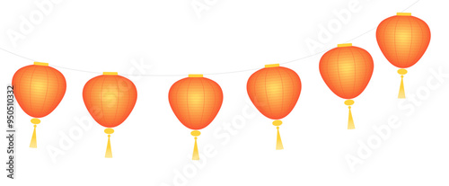 Traditional Chinese lanterns, palace lanterns hanging illustration. Isolated vector. Flat style design. Festive holiday clip art. Mid Autumn Festival, Lunar New Year card, banner, poster element