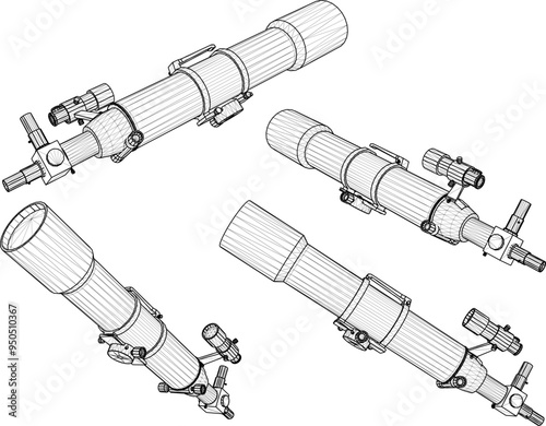 Vector sketch illustration of the design of a long-range telescope for viewing and observing stars 