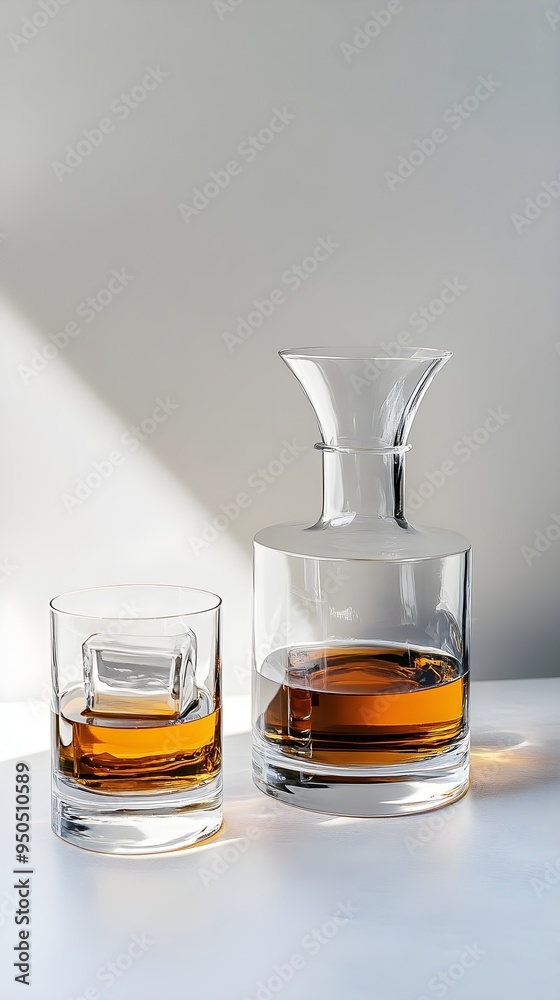 An elegant whiskey decanter and glassware displayed on a light solid color surface, emphasizing the craftsmanship of the items An elegant whiskey decanter and glassware displayed on a light solid color surface, emphasizing the craftsmanship of the items