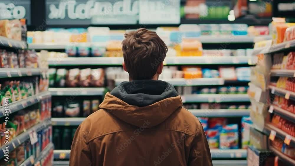 A young man stands in a supermarket, contemplating his choices while browsing the aisles filled with a variety of snacks and grocery items during a quiet evening. A young man stands in a supermarket, contemplating his choices while browsing the aisles filled with a variety of snacks and grocery items during a quiet evening.