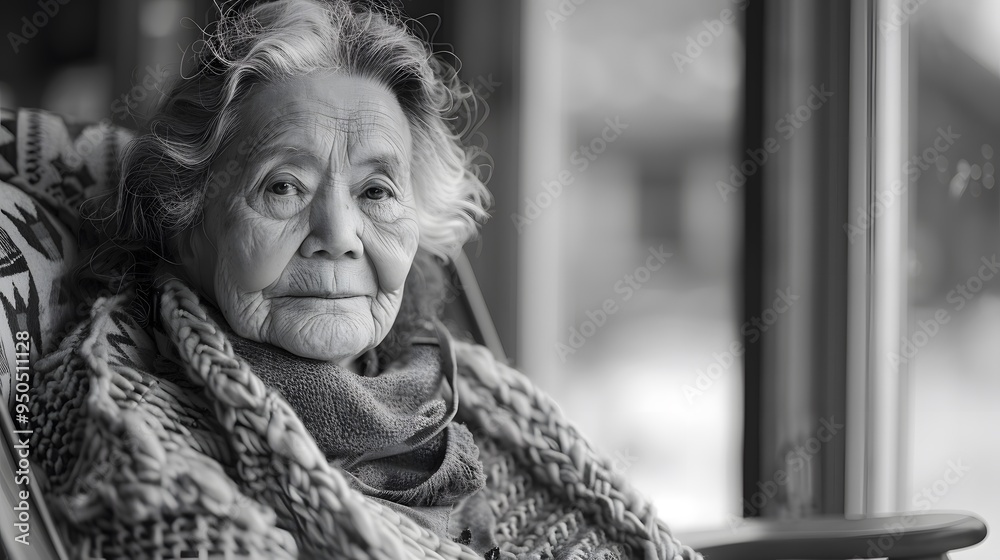 A woman in a knit scarf sits in a chair - generative AI A woman in a knit scarf sits in a chair - generative AI
