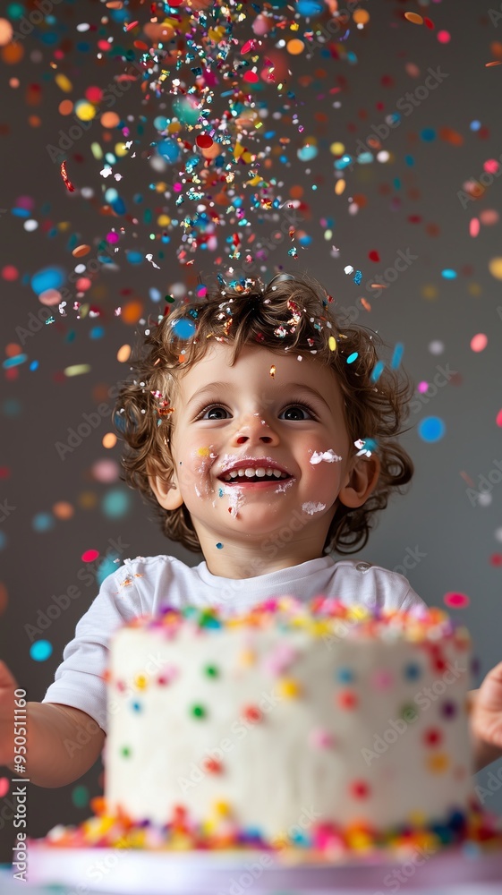 Child standing behind a birthday cake with confetti and glitter falling from above, set against a solid background. Festive and joyful atmosphere of Happy Birthday celebration. Child standing behind a birthday cake with confetti and glitter falling from above, set against a solid background. Festive and joyful atmosphere of Happy Birthday celebration.