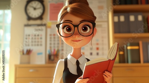 cartoon female teacher with glasses holding a book
