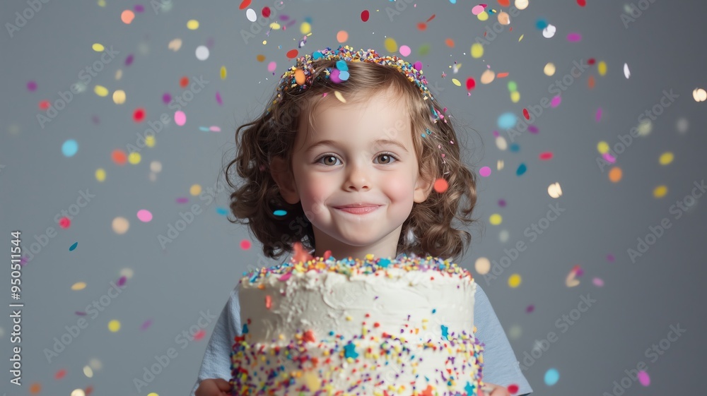 Child standing behind a birthday cake with confetti and glitter falling from above, set against a solid background. Festive and joyful atmosphere of Happy Birthday celebration. Child standing behind a birthday cake with confetti and glitter falling from above, set against a solid background. Festive and joyful atmosphere of Happy Birthday celebration.