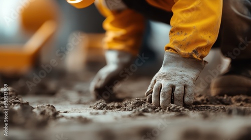 A construction worker in a yellow jacket and gloves crouching on the muddy ground while performing manual labor, showcasing the dedication and hard work involved in the job. photo