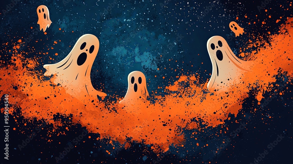 This image depicts three cartoon ghosts floating in a blue and orange starry sky. They add a visual contrast that combines whimsical and spooky elements. This image depicts three cartoon ghosts floating in a blue and orange starry sky. They add a visual contrast that combines whimsical and spooky elements.