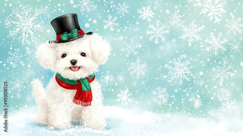 A fluffy Bichon Frise dressed as a snowman with a red scarf and black hat amidst softly falling snowflakes on a winter's day