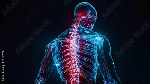 Beautiful transparent blue human body showing the bone system and spine with red