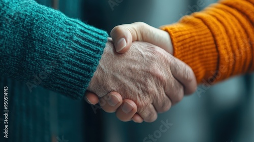 A close-up image of a firm handshake between a person wearing a teal sweater and another person in an orange one, symbolizing agreement and cooperation. photo