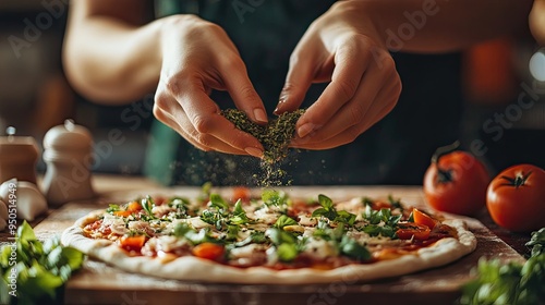 Close-up of a woman's hands sprinkling herbs onto a freshly baked pizza, capturing the essence of home-cooked Italian cuisine.