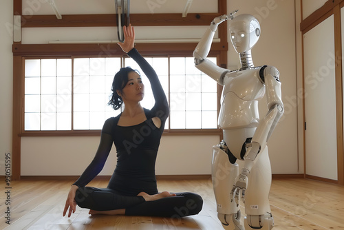 Humanoid Robot Teaching Yoga to Woman, Futuristic Fitness and AI Interaction Concept photo