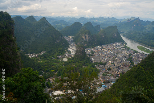 aerial view of the city of Yangshuo surrounded by mountains, Guilin, China photo