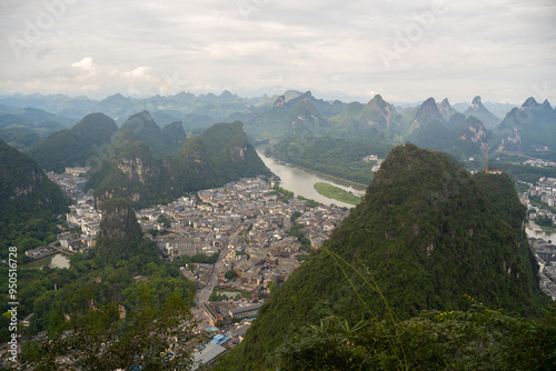 aerial view of the city of Yangshuo surrounded by mountains, Guilin, China photo