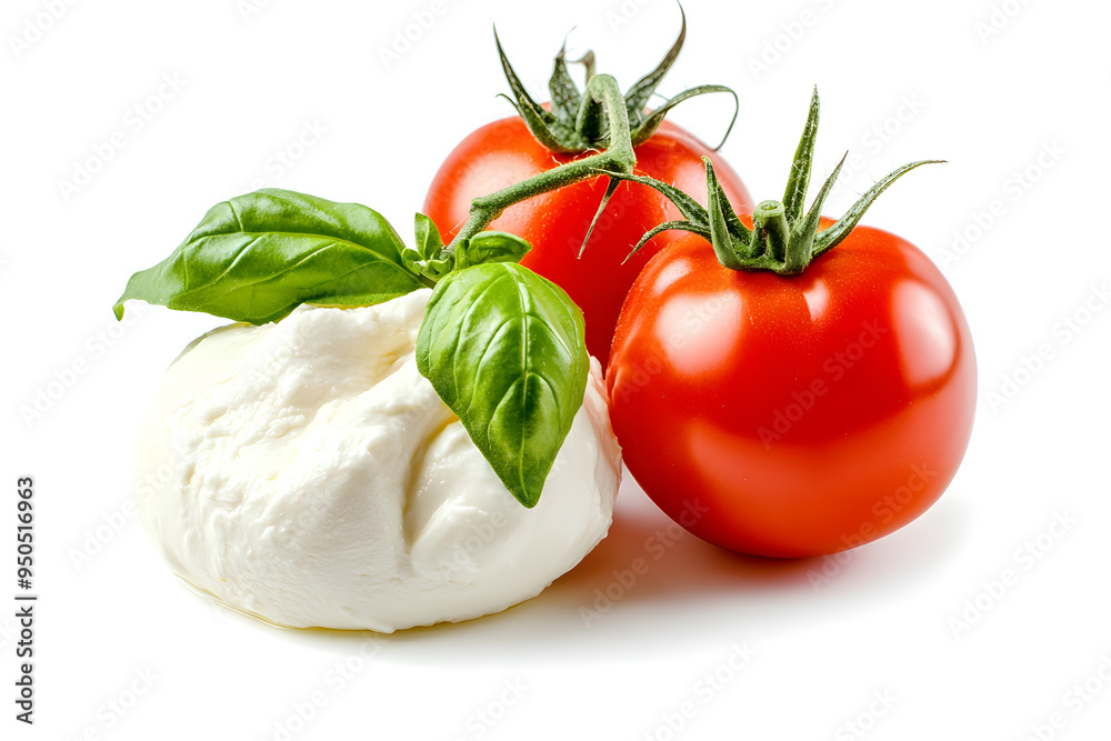 Fresh piece burrata cheese with basil and tomatoes close up isolated on white background Fresh piece burrata cheese with basil and tomatoes close up isolated on white background