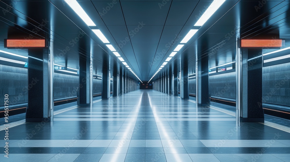 Empty futuristic subway station with bright fluorescent lighting and polished floors, Empty futuristic subway station with bright fluorescent lighting and polished floors,