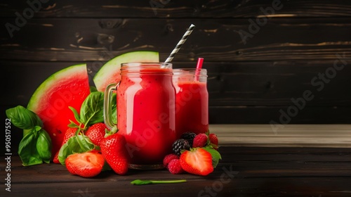 Refreshing summer fruit drink featuring watermelon and strawberries in mason jars, garnished with mint leaves. photo