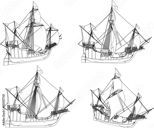 Vector sketch illustration design of sailboat wooden ship rowing pirate classic vintage ethnic traditional 
