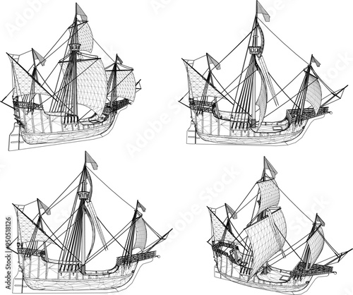 Vector sketch illustration design of sailboat wooden ship rowing pirate classic vintage ethnic traditional