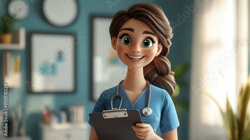 A 3D clipart of a happy nurse holding a clipboard, in a softly lit clinic, white background,