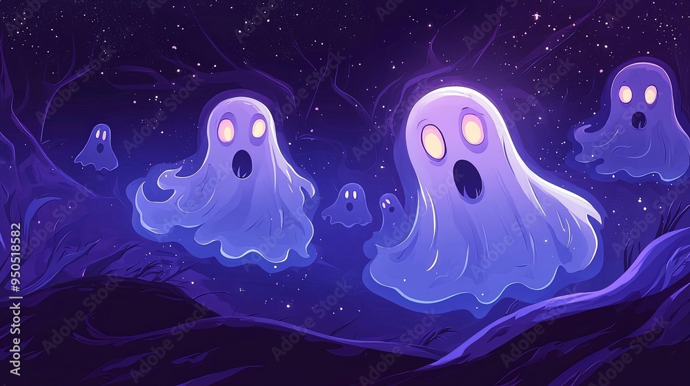 This image illustrates spooky, glowing ghosts floating through a dark, starry landscape on Halloween night, presenting an eerie and chilling atmosphere in a fantastical setting. This image illustrates spooky, glowing ghosts floating through a dark, starry landscape on Halloween night, presenting an eerie and chilling atmosphere in a fantastical setting.