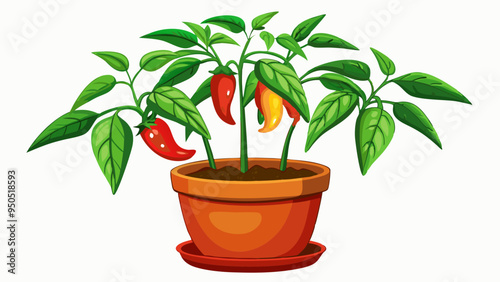 Chili pepper growing in a pot on a white background.