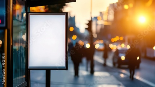 City street scene at sunset featuring a blank billboard, pedestrians in motion, and warm ambient lighting.