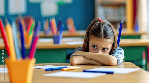 A young girl sits at her desk in a classroom, looking frustrated and bored, surrounded by colorful pens and papers.