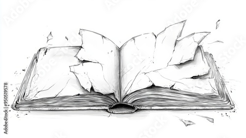 Illustrated sketch of an open book with pages turning and falling apart, highlighting the essence of storytelling and imagination.