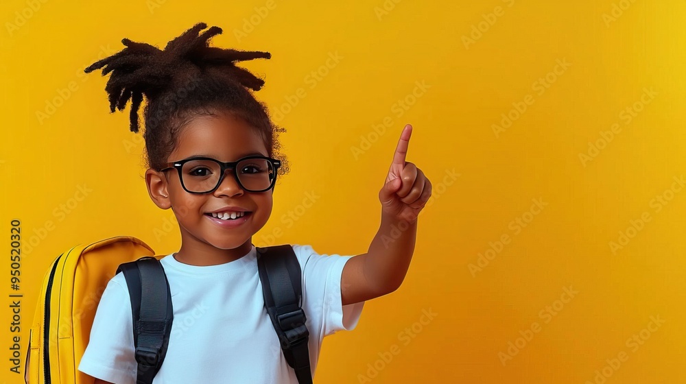 A cheerful child with glasses and a backpack pointing upward against a vibrant yellow background, symbolizing learning and discovery.