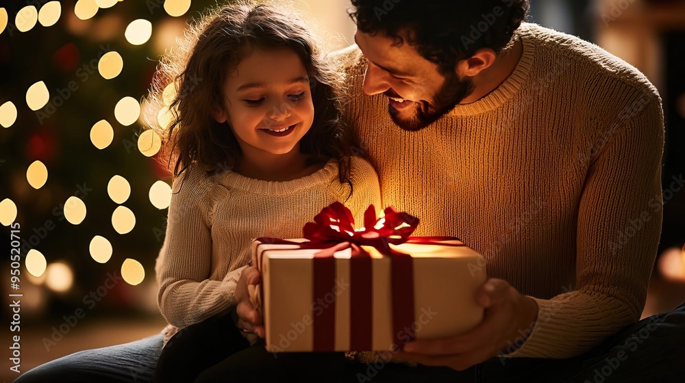 A joyful father and daughter sharing a magical moment while opening a beautifully wrapped Christmas gift together. A joyful father and daughter sharing a magical moment while opening a beautifully wrapped Christmas gift together.