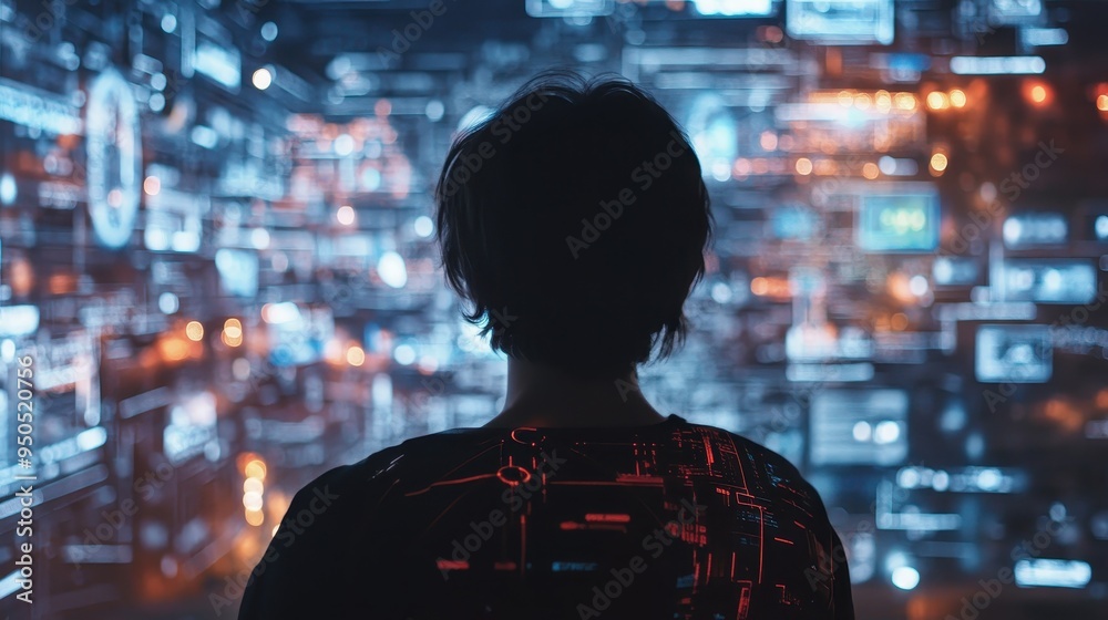 Silhouette of a person in a futuristic city Silhouette of a person in a futuristic city
